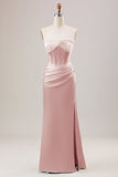 Sheath Dusty Rose Corset Strapless Long Bridesmaid Dress With Slit