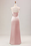 Sheath Dusty Rose Corset Strapless Long Bridesmaid Dress With Slit