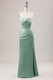 Sheath Dusty Rose Corset Strapless Long Bridesmaid Dress With Slit