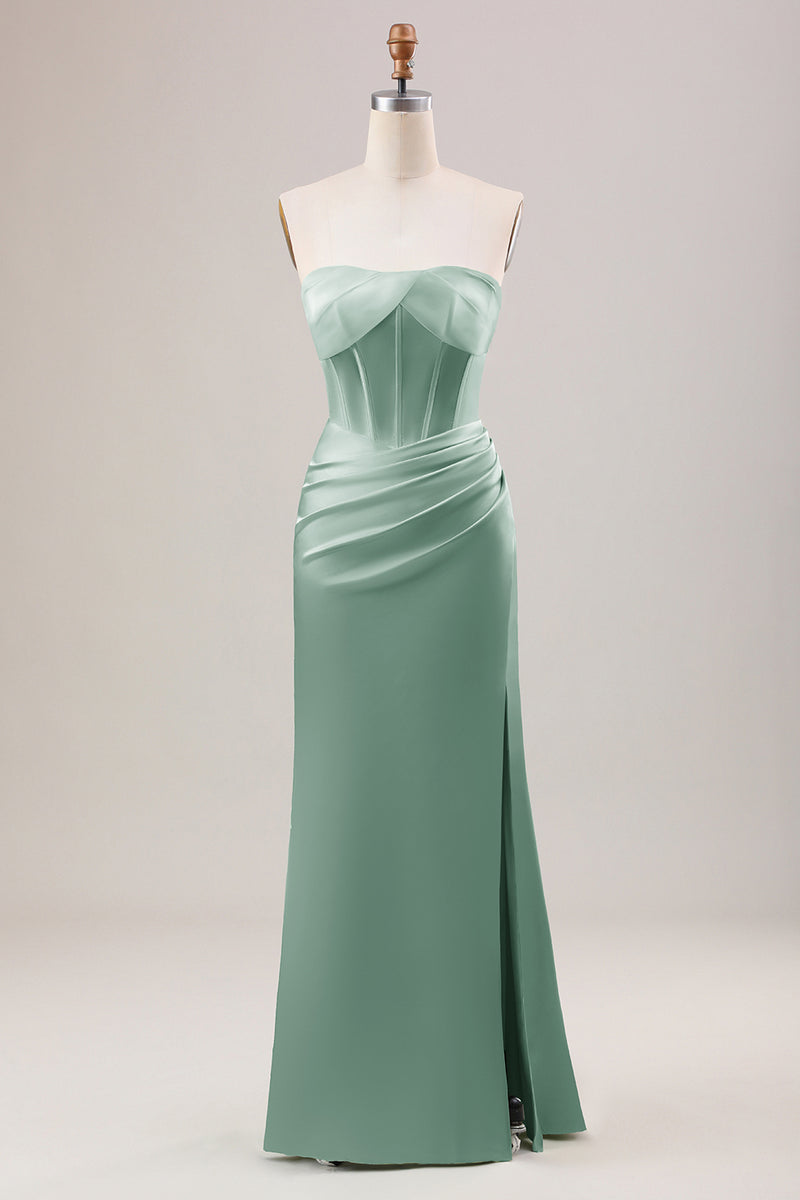 Load image into Gallery viewer, Eucalptus Sheath Corset Strapless Long Bridesmaid Dress With Slit