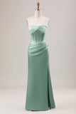 Eucalyptus Sheath Corset Strapless Long Bridesmaid Dress With Slit