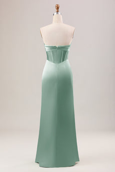 Eucalptus Sheath Corset Strapless Long Bridesmaid Dress With Slit