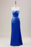 Dusty Blue Sheath Corset Strapless Long Bridesmaid Dress With Slit