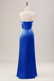 Dusty Blue Sheath Corset Strapless Long Bridesmaid Dress With Slit