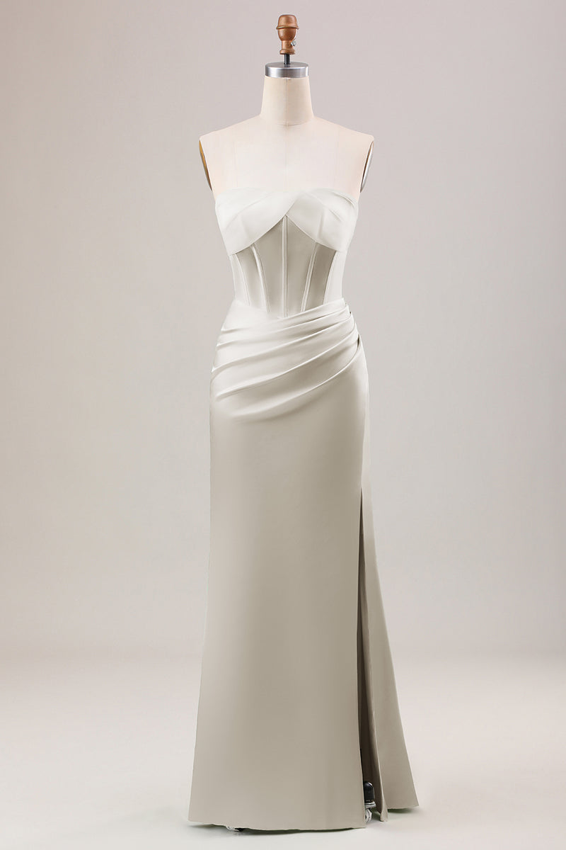 Load image into Gallery viewer, Eucalptus Sheath Corset Strapless Long Bridesmaid Dress With Slit