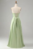 Green A Line Pleated Strapless Keyhole Maxi Bridesmaid Dress With Slit