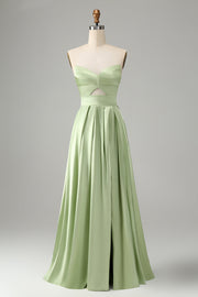 Green A Line Pleated Strapless Keyhole Bridesmaid Dress With Slit