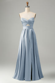 Dusty Blue A Line Pleated Strapless Keyhole Bridesmaid Dress With Slit