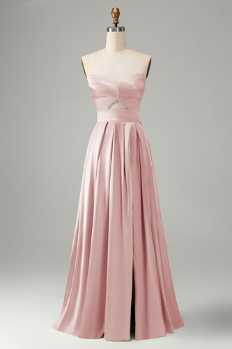 Dusty Rose A Line Pleated Strapless Keyhole Bridesmaid Dress With Slit