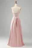 Dusty Rose A Line Pleated Strapless Keyhole Bridesmaid Dress With Slit