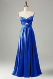 Dusty Blue A Line Pleated Strapless Keyhole Bridesmaid Dress With Slit