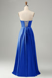 Dusty Blue A Line Pleated Strapless Keyhole Bridesmaid Dress With Slit