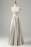 Dusty Rose A Line Pleated Strapless Keyhole Bridesmaid Dress With Slit