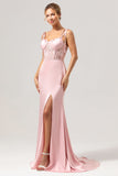 Mermaid Spaghetti Straps Satin Pink Long Bridesmaid Dress with Slit