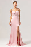 Mermaid Spaghetti Straps Satin Pink Long Bridesmaid Dress with Slit