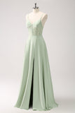 Green Spaghetti Straps A-Line Satin Long Corset Bridesmaid Dress with Slit