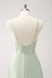 Green Spaghetti Straps A-Line Satin Long Corset Bridesmaid Dress with Slit