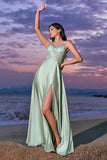 Satin Green A-Line Corset Bridesmaid Dress with Slit