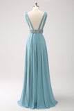 Grey Green V Neck A-Line Sequins Chiffon Long Bridesmaid Dress