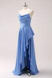 Blue Cowl Neck Satin Asymmetrical Bridesmaid Dress with Slit