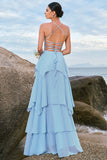 Halter Blue Floral A Line Bridesmaid Dress with Lace Up Back