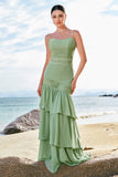 Green Mermaid Floral Chiffon Long Ruffled Bridesmaid Dress with Lace