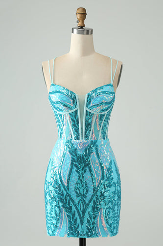 Sparkly Blue Bodycon Spaghetti Straps Corset Cocktail Dress with Sequins