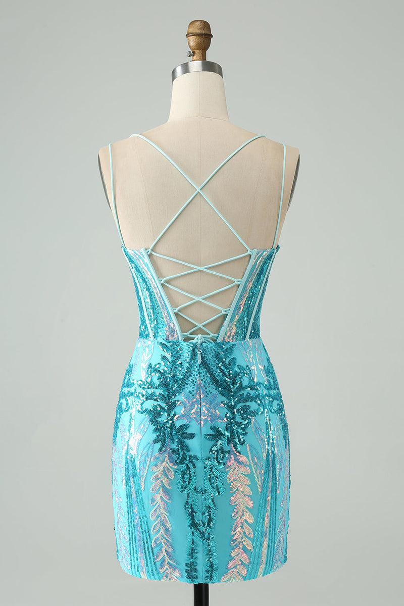 Load image into Gallery viewer, Sparkly Blue Bodycon Spaghetti Straps Corset Cocktail Dress with Sequins