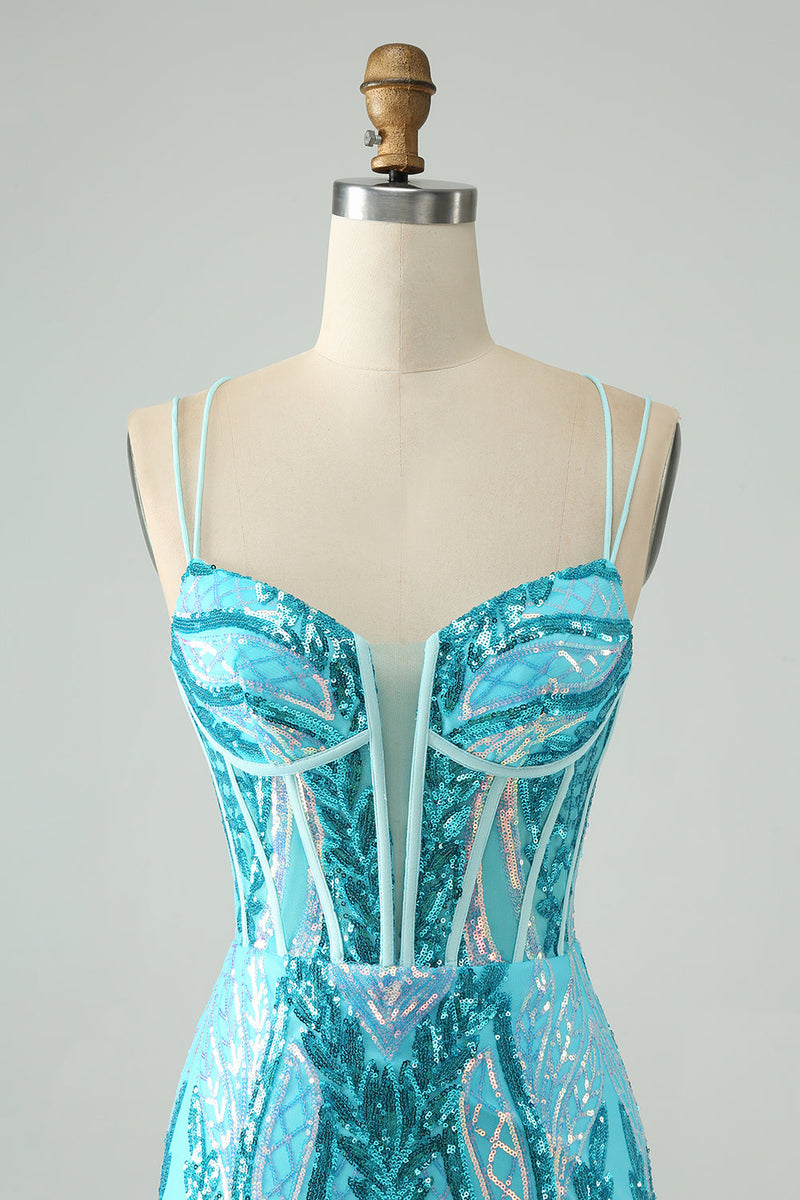 Load image into Gallery viewer, Sparkly Blue Bodycon Spaghetti Straps Corset Cocktail Dress with Sequins