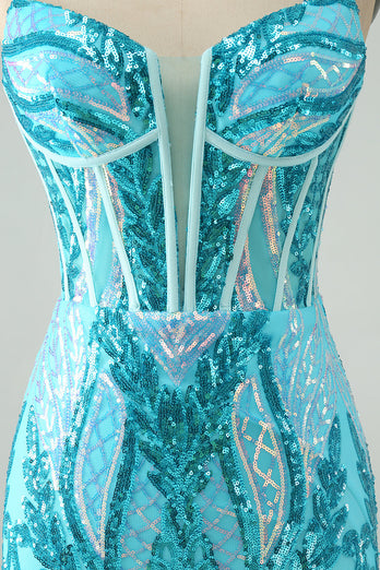 Sparkly Blue Bodycon Spaghetti Straps Corset Cocktail Dress with Sequins
