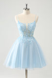 Cute Glitter Blue A Line Beaded Corset Tulle Cocktail Dress with Appliques