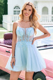 Glitter Blue A Line Beaded Corset Tulle Cocktail Dress with Appliques