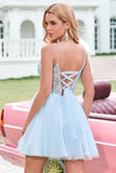 Glitter Blue A Line Beaded Corset Tulle Cocktail Dress with Appliques