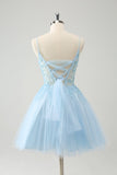 Glitter Blue A Line Beaded Corset Tulle Cocktail Dress with Appliques