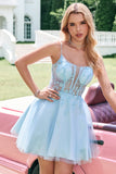 Glitter Blue A Line Beaded Corset Tulle Cocktail Dress with Appliques