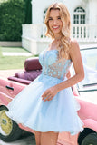 Glitter Blue A Line Beaded Corset Tulle Cocktail Dress with Appliques