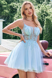 Glitter Blue A Line Beaded Corset Tulle Cocktail Dress with Appliques