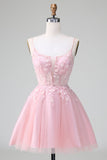 Princess A-Line Blush Tulle Short Cocktail Dress with Appliques