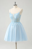 Cute Glitter Blue A Line Beaded Corset Tulle Cocktail Dress with Appliques