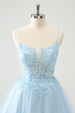 Cute Glitter Blue A Line Beaded Corset Tulle Cocktail Dress with Appliques