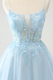 Cute Glitter Blue A Line Beaded Corset Tulle Cocktail Dress with Appliques