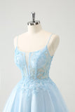 Cute Glitter Blue A Line Beaded Corset Tulle Cocktail Dress with Appliques