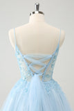 Cute Glitter Blue A Line Beaded Corset Tulle Cocktail Dress with Appliques