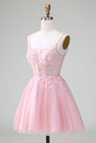 Princess A-Line Blush Tulle Short Cocktail Dress with Appliques