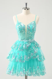 Cute Sparkly A-Line Green Spaghetti Straps Tiered Cocktail Dress with Sequins