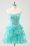 Cute Glitter Green A Line Strapless Sequined Tiered Corset Cocktail Dress