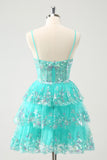 Cute Sparkly A-Line Green Spaghetti Straps Tiered Cocktail Dress with Sequins