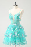 Cute Sparkly A-Line Green Spaghetti Straps Tiered Cocktail Dress with Sequins