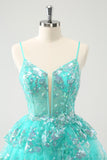 Cute Sparkly A-Line Green Spaghetti Straps Tiered Cocktail Dress with Sequins