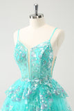 Cute Sparkly A-Line Green Spaghetti Straps Tiered Cocktail Dress with Sequins